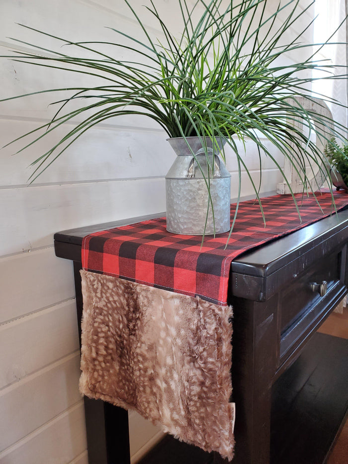 Home Decor - Table Runner - Red Black Check with Fawn Minky decorative ends - DBC Baby Bedding Co