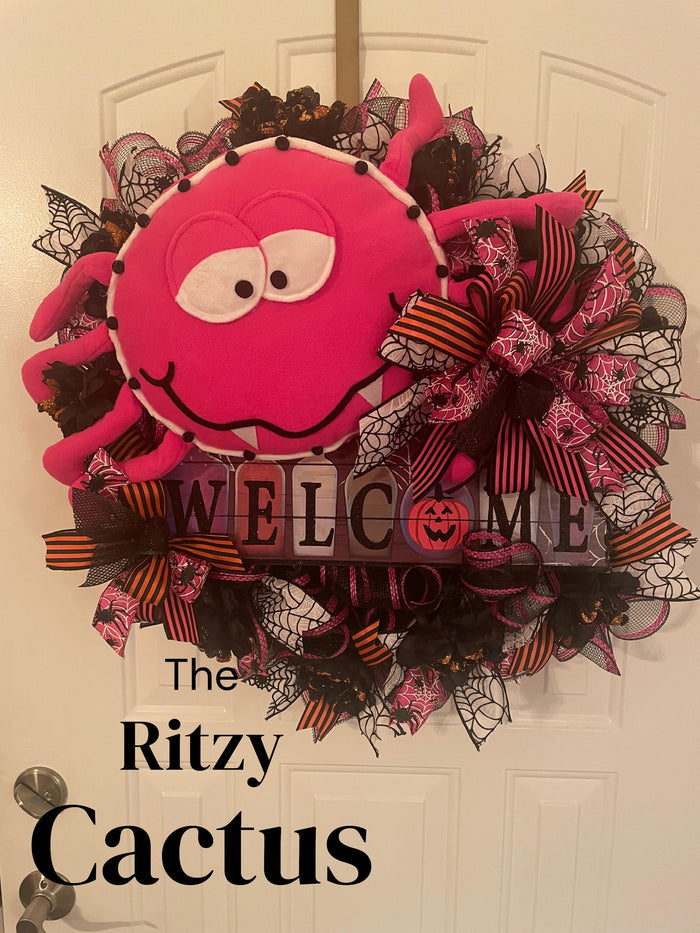 Hot Pink Spider Welcome Halloween Wreath Door Decoration 24 Inches  One-of-a-Kind Halloween Décor