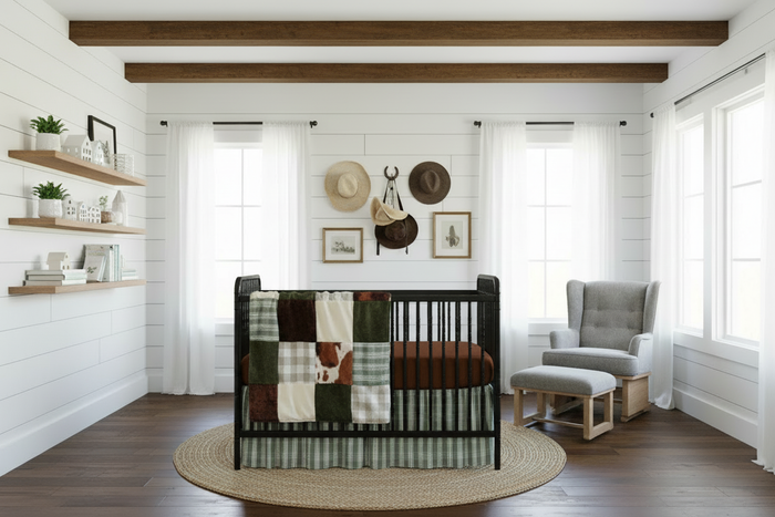Farmhouse hunter green nursery with brown sheet