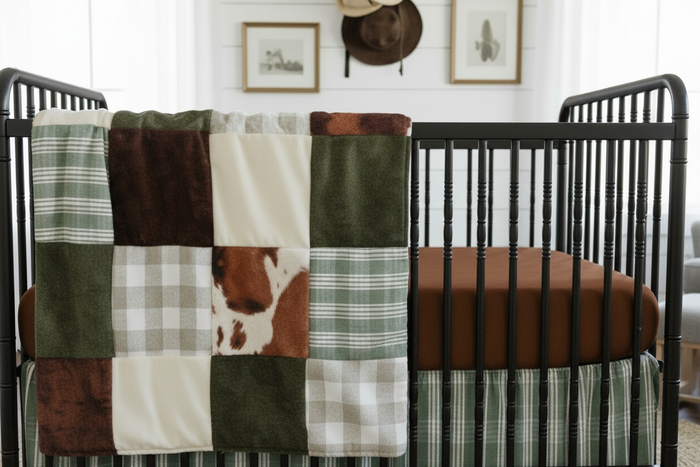 Tight close-up farmhouse hunter green bedding