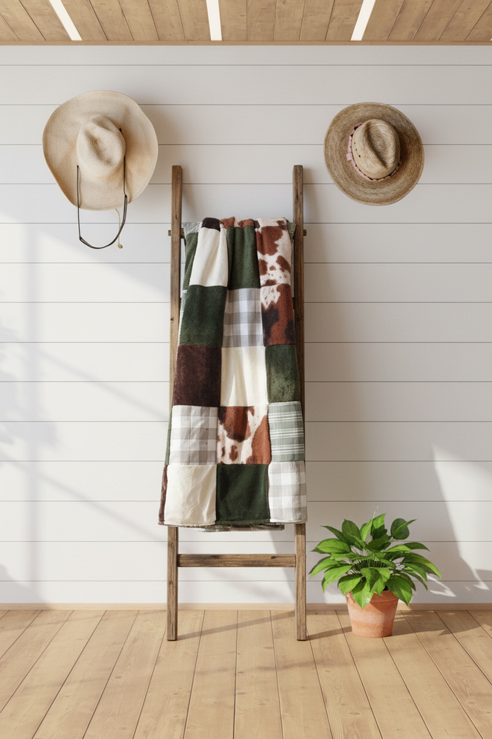 Farmhouse hunter green cowhide patchwork blanket on ladder