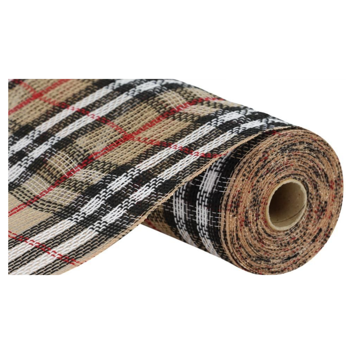 Jute Plaid Natural Black White Red Mesh -10.25 inches x 10yards, Wreath Making