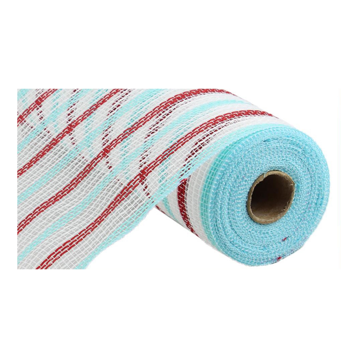 Jute Stripe White Red Ice Blue Deco Mesh -10.25 inch x 10yards, Poly Deco Mesh