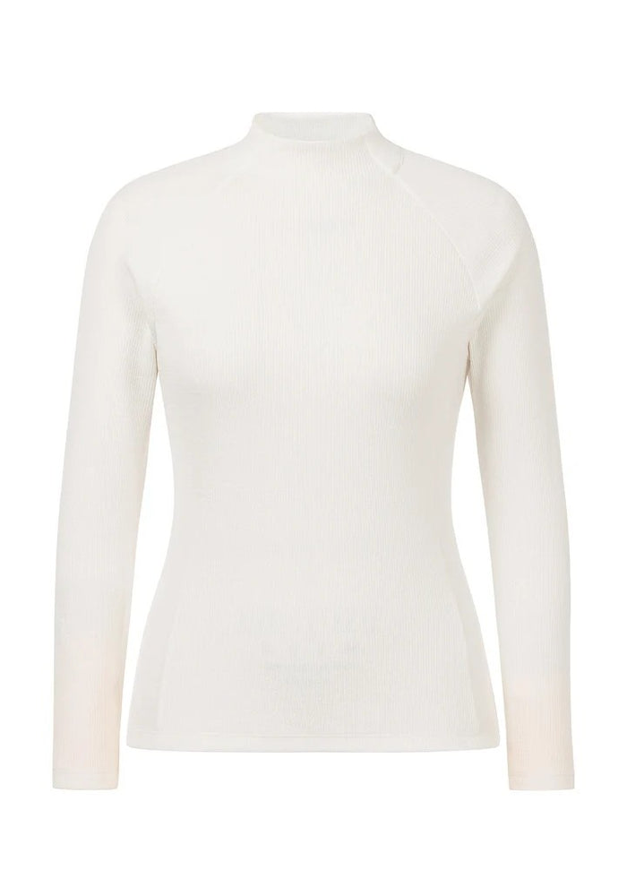 An off-white long-sleeve mock neck top with a subtle vertical ribbed texture, shown on a plain white background.