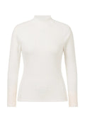 An off-white long-sleeve mock neck top with a subtle vertical ribbed texture, shown on a plain white background.