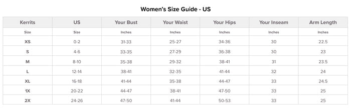 A size chart table titled 'Women's Size Guide - US' showing measurements for Kerrits, US, Your Bust, Your Waist, Your Hips, Your Inseam, and Arm Length by size categories XS through 2X.