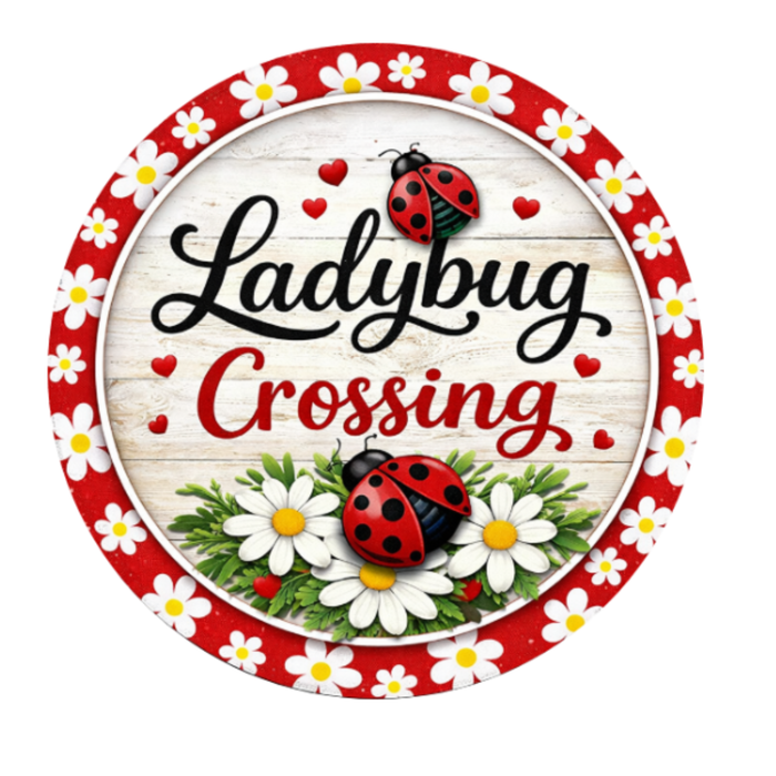 Ladybug Crossing 10 Inch Wreath Sign, Metal Wreath Sign, Home Decor, The Ritzy Cactus