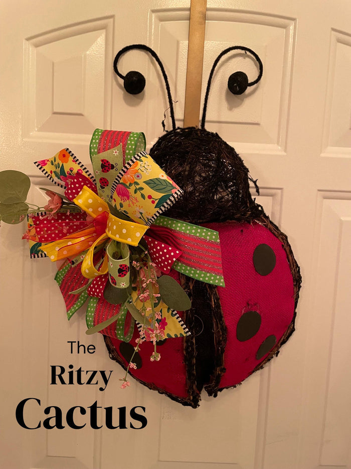 Ladybug Wreath Door Decoration Lime Ribbon - 21 x 17 Inches  One-of-a-Kind Summer Décor