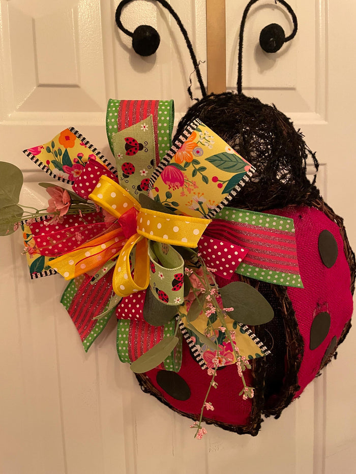 Ladybug Wreath Door Decoration Lime Ribbon - 21 x 17 Inches  One-of-a-Kind Summer Décor