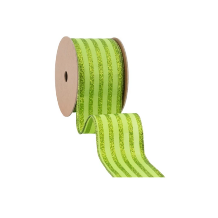 Lime Green Glittered Pinstripes Wired Ribbon by LA – 2.5" x 10 Yards, Wreath Ribbon