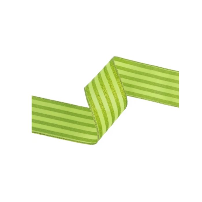Lime Green Glittered Pinstripes Wired Ribbon by LA – 2.5" x 10 Yards, Wreath Ribbon