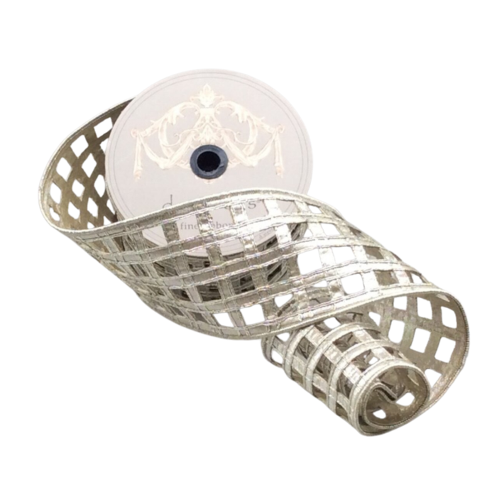 Metallic Platinum Dupion Clairvaux Window Pane Wired Ribbon by d. Stevens Ribbon – 4" x 10 Yards