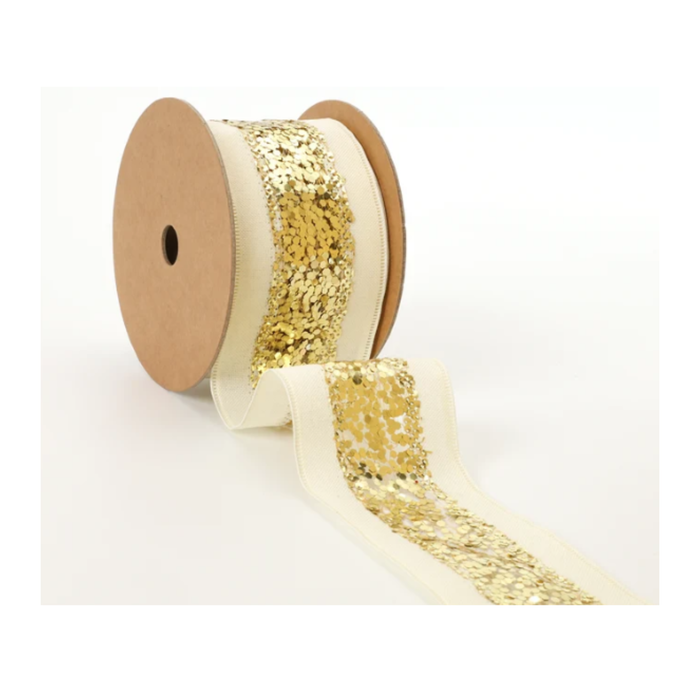 Metallic Striped Ivory Gold Wired Ribbon by LA – 2.5" x 10 Yards, Wreath Ribbon