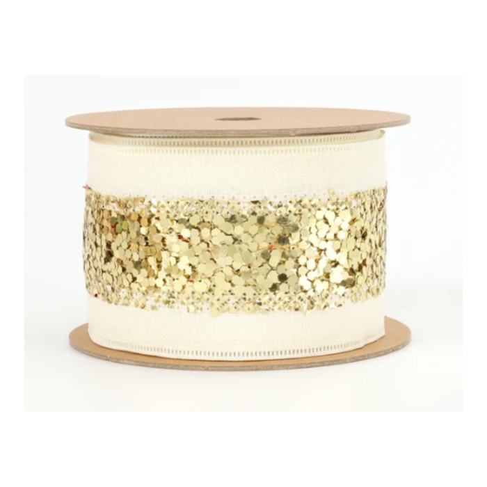 Metallic Striped Ivory Gold Wired Ribbon by LA – 2.5" x 10 Yards, Wreath Ribbon