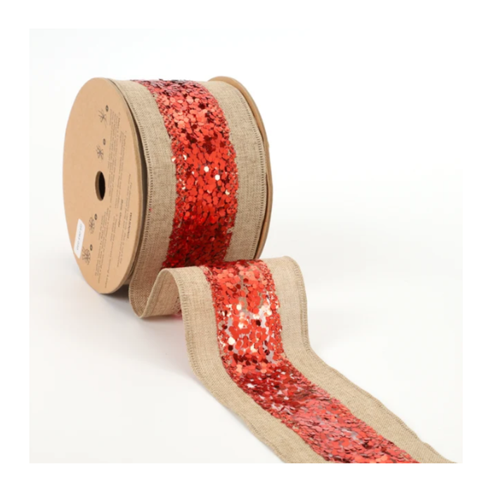 Metallic Striped Natural Red Wired Ribbon by LA – 2.5" x 10 Yards, Wreath Ribbon