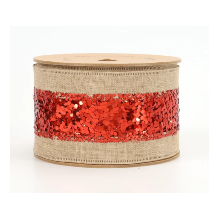 Metallic Striped Natural Red Wired Ribbon by LA – 2.5" x 10 Yards, Wreath Ribbon