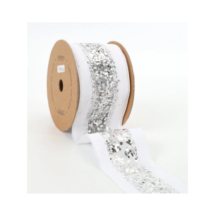 Metallic Striped White Silver Wired Ribbon by LA – 2.5" x 10 Yards, Wreath Ribbon