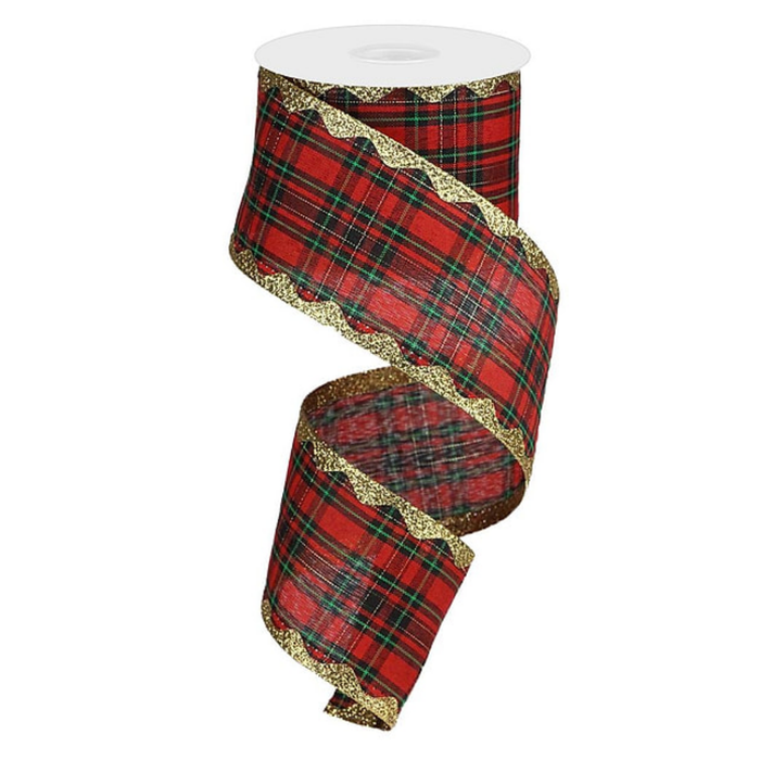Metallic Tartan Plaid with Gold Scallop Edge Wired Ribbon by RG – 2.5" x 10 Yards, Wreath Ribbon