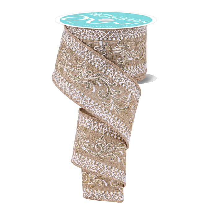 Multi Swirls Beige White Gold  Wired Ribbon by RG Ribbon – 2.5" x 10 Yards, Wreath Ribbon