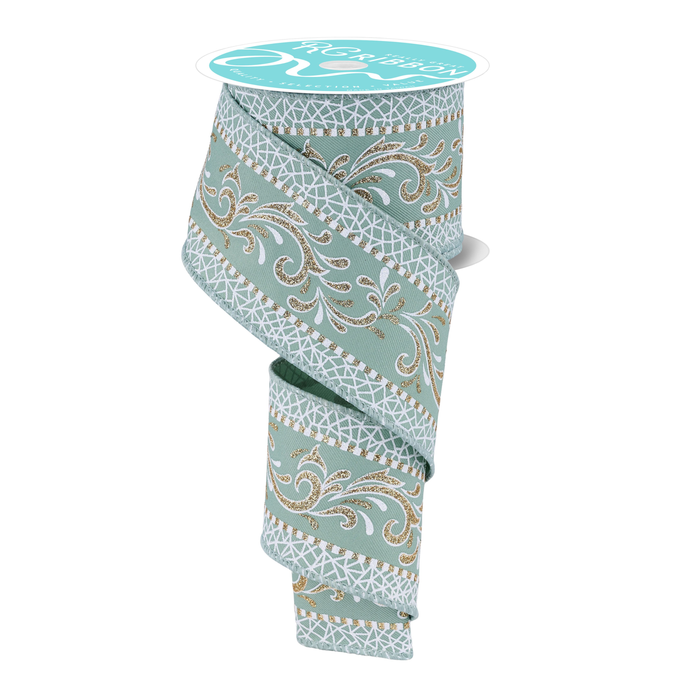 Multi Swirls Sage Green White Gold  Wired Ribbon by RG Ribbon – 2.5" x 10 Yards, Wreath Ribbon