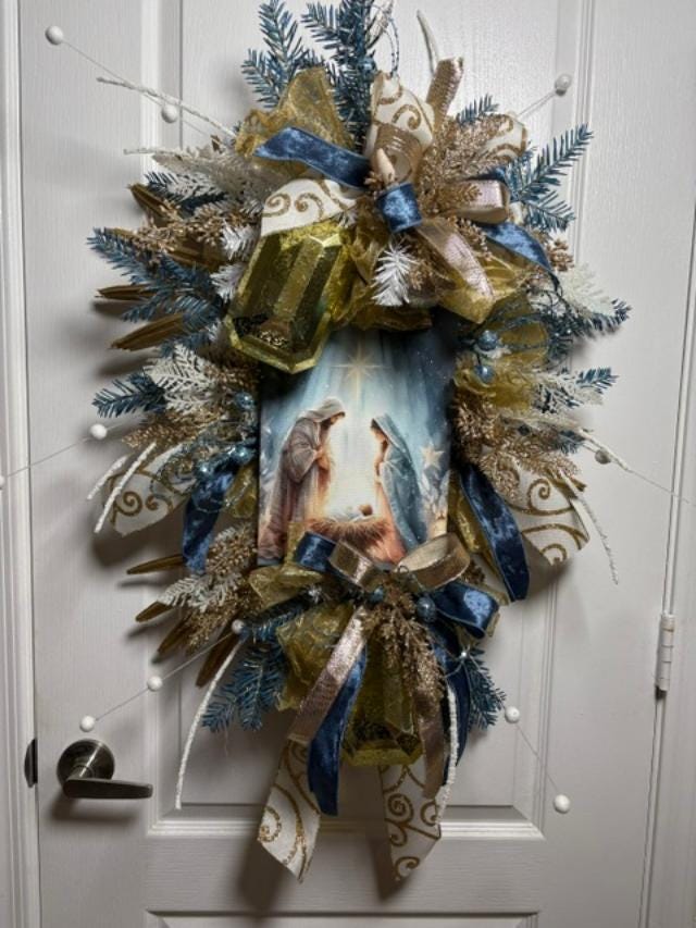Nativity Religious Christmas Wreath, 34 x 24 Inches, Holiday Decor, The Ritzy Cactus