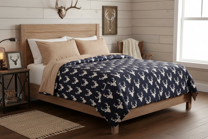 Navy buck woodland comforter with white deer silhouettes on bed in rustic bedroom with wood walls and fawn minky pillows