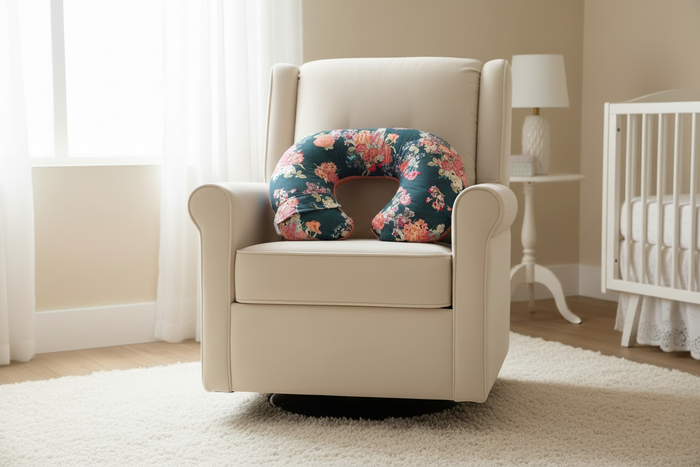Navy Floral and Minky Nursing Pillow Cover on Chair