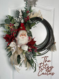 Olde Time Santa Lasso Rope Wreath  Woodland and Gold Bow, Pine & Holiday Florals 25 x 28 Inches