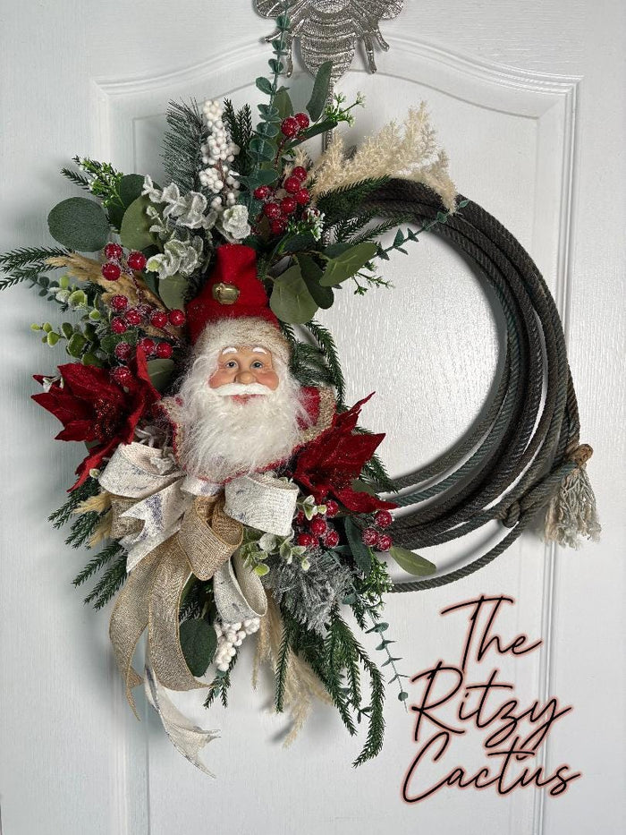 Olde Time Santa Lasso Rope Wreath  Woodland and Gold Bow, Pine & Holiday Florals 25 x 28 Inches