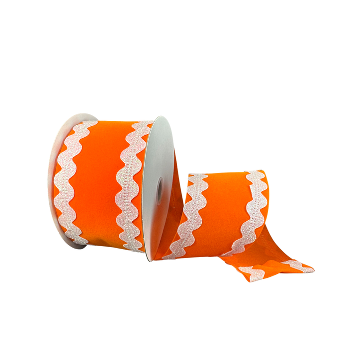 Orange Base White Ric Rac Wired Ribbon by JAS – 2.5" x 10 Yards, Wreath Ribbon