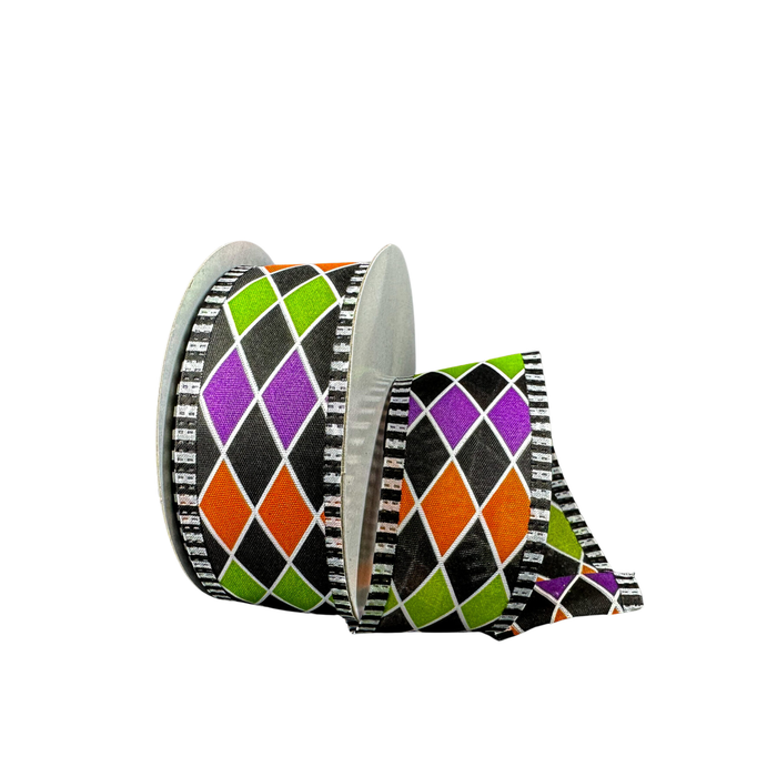 Orange Lime Black White Harlequin Wired Ribbon by JAS – 1.5" x 10 Yards, Wreath Ribbon