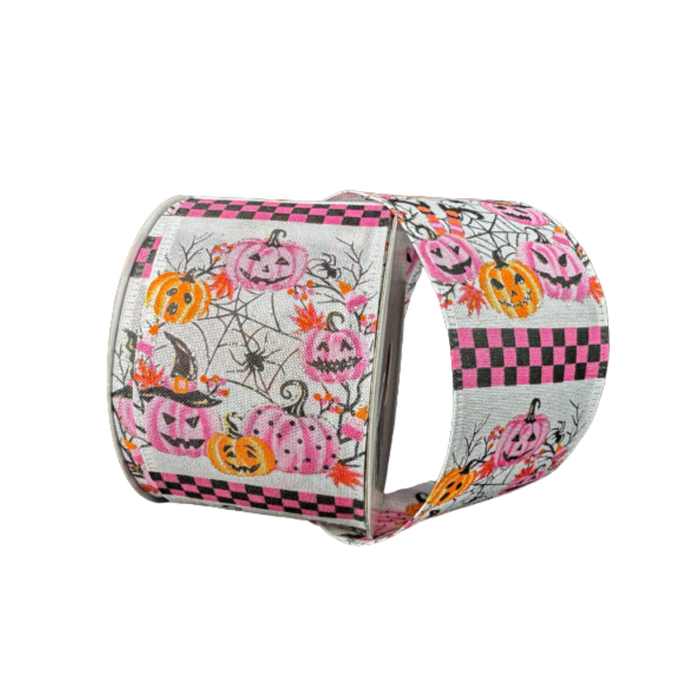 Orange Pink white Pumpkin Spider Web Wired Ribbon by JAS – 2.5" x 10 Yards, Wreath Ribbon