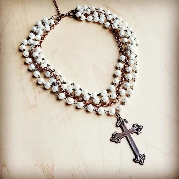 Pearl and Copper Beaded Collar Necklace with Copper Cross - Infinity Raine