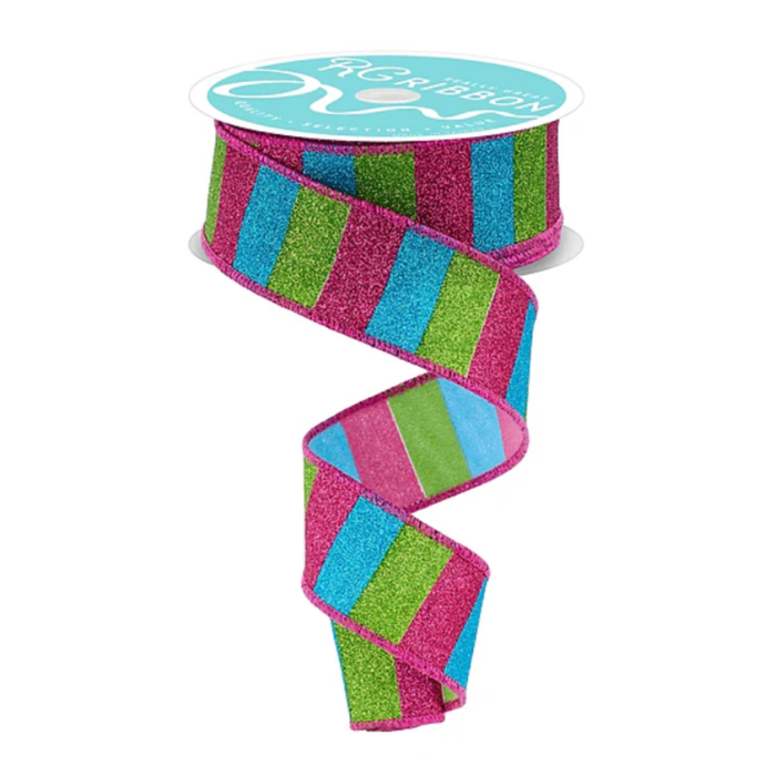 Pink Aqua Green Horizontal Striped Wired Ribbon by RG Ribbon – 1.5" x 10 yards