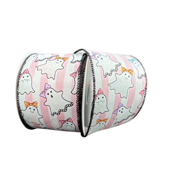 Pink Striped Cutie Bow Ghosts Wired Ribbon by JAS – 2.5" x 10 Yards, Wreath Ribbon