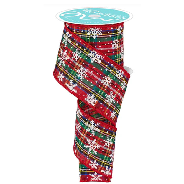 Plaid Check On Royal Snowflakes Wired Ribbon by RG – 2.5" x 10 Yards, Wreath Ribbon