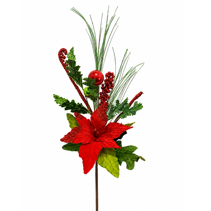 Poinsettia Ornament Pine Spray 30 Inch, Holiday Stem Embellishment