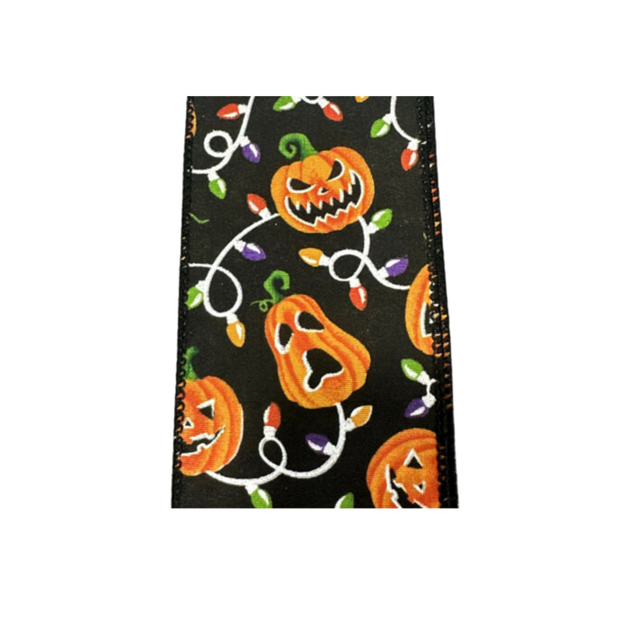 Pumpkin Faces Halloween Wired Ribbon by JAS Ribbon – 2.5" x 10 Yards, Wreath Ribbon