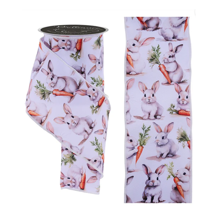 Rabbits with Carrots Wired Ribbon by LS – 4" x 10 Yards, Easter Wreath Ribbon