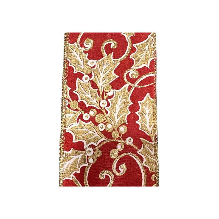 Red Gold Holly Wired Ribbon by JAS Ribbon – 2.5" x 10 Yards, Wreath Ribbon