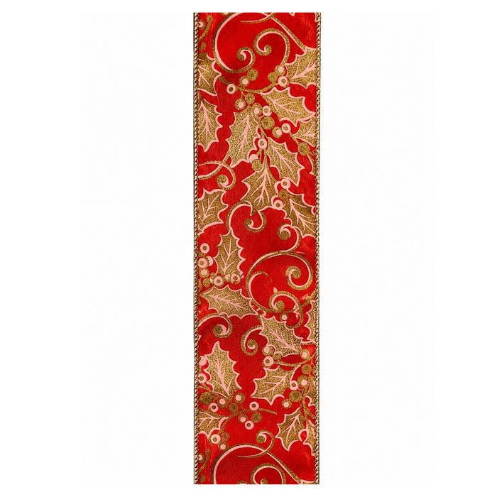 Red Gold Pink Holly Wired Ribbon by JAS Ribbon – 2.5" x 10 Yards, Wreath Ribbon