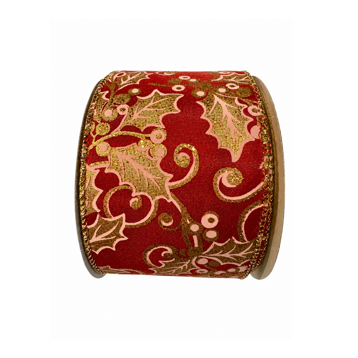 Red Gold Pink Holly Wired Ribbon by JAS Ribbon – 2.5" x 10 Yards, Wreath Ribbon