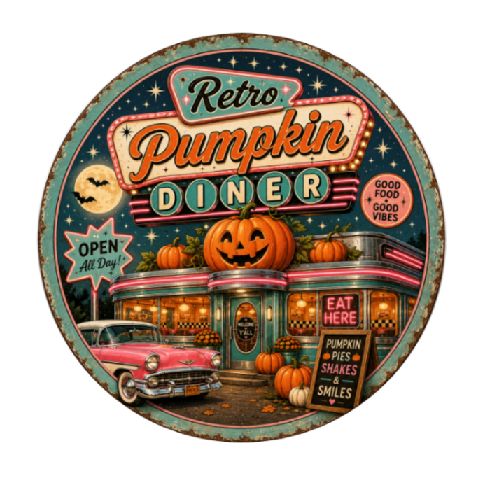 Retro Pumpkin Diner Halloween 10" Wreath Sign, Home Decor, The Ritzy Cactus