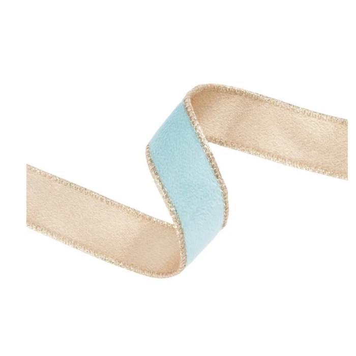 Reversible Aqua Gold Velvet Wired Ribbon by LA – 1" x 10 Yards,  Wreath Ribbon