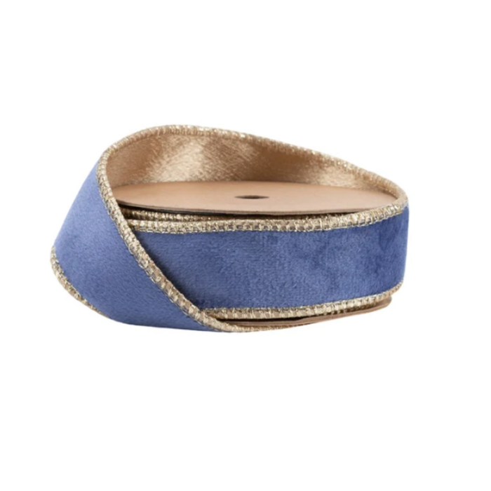 Reversible French Blue Gold Velvet Wired Ribbon by LA – 1" x 10 Yards,  Wreath Ribbon