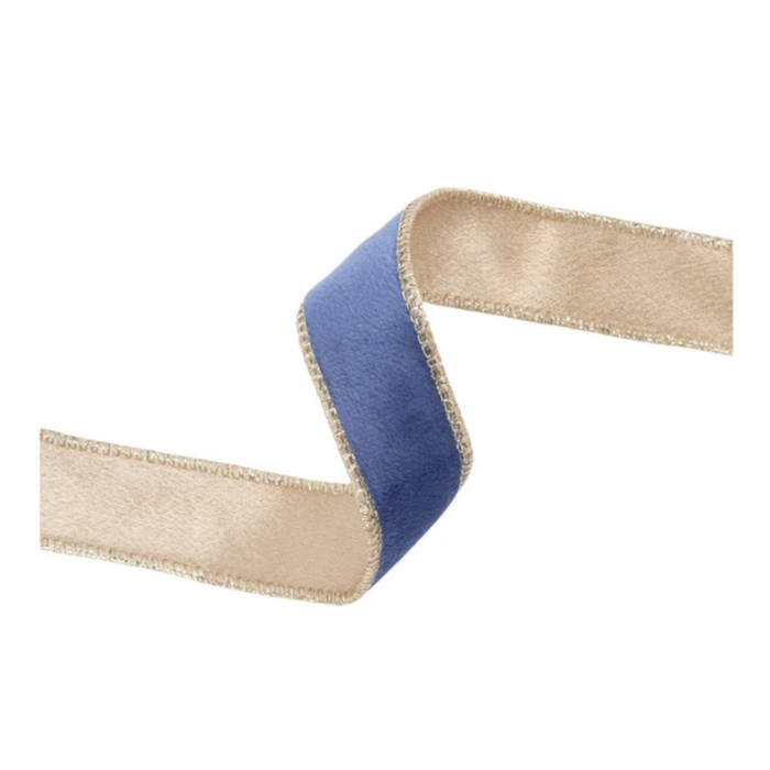 Reversible French Blue Gold Velvet Wired Ribbon by LA – 1" x 10 Yards,  Wreath Ribbon