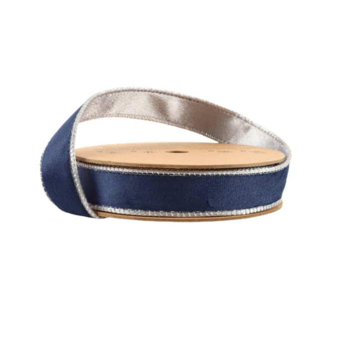Reversible Navy Blue Silver Velvet Wired Ribbon by LA – 1" x 10 Yards,  Wreath Ribbon