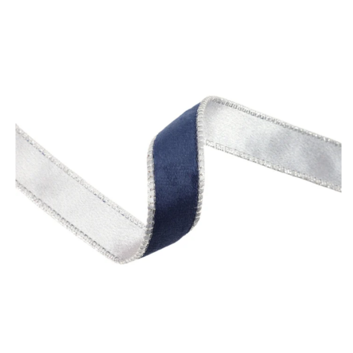 Reversible Navy Blue Silver Velvet Wired Ribbon by LA – 1" x 10 Yards,  Wreath Ribbon