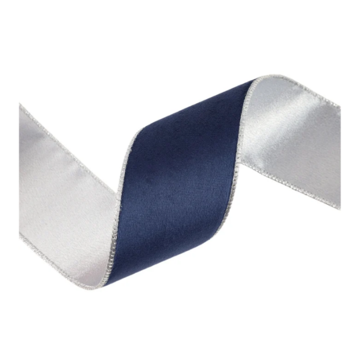 Reversible Navy Silver Wired Ribbon by LA – 2.5" x 10 Yards,  Holiday Wreath Ribbon