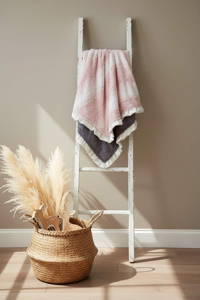Rosewater Fawn Minky and Gray Hide Minky Woodland Ruffle Blanket